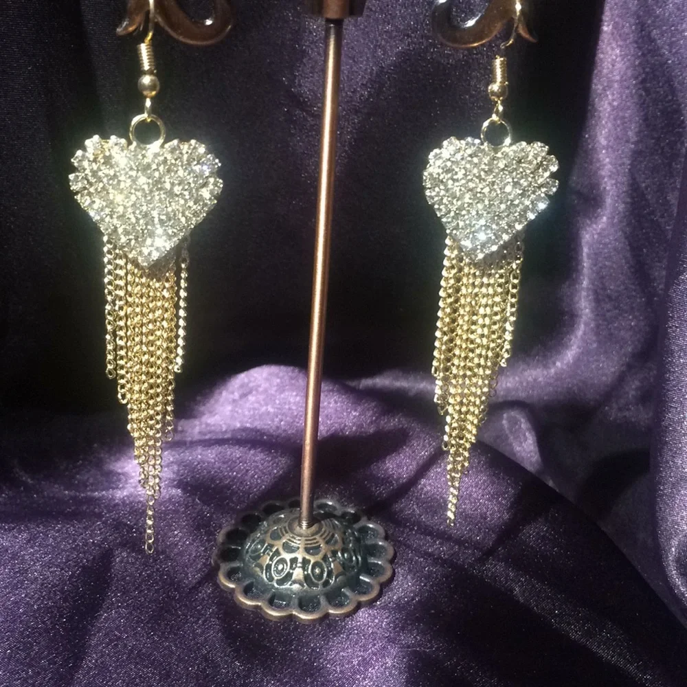 Gold Heart Rhinestone Hollywood Glamour Earrings